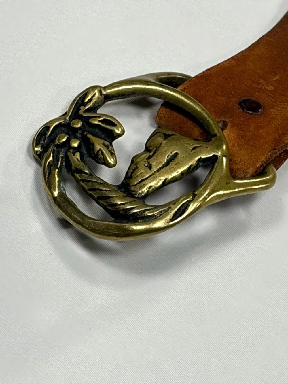 Vintage Tooled Leather Belt Brown Solid Brass Palm Tree Island Buckle Size 36
